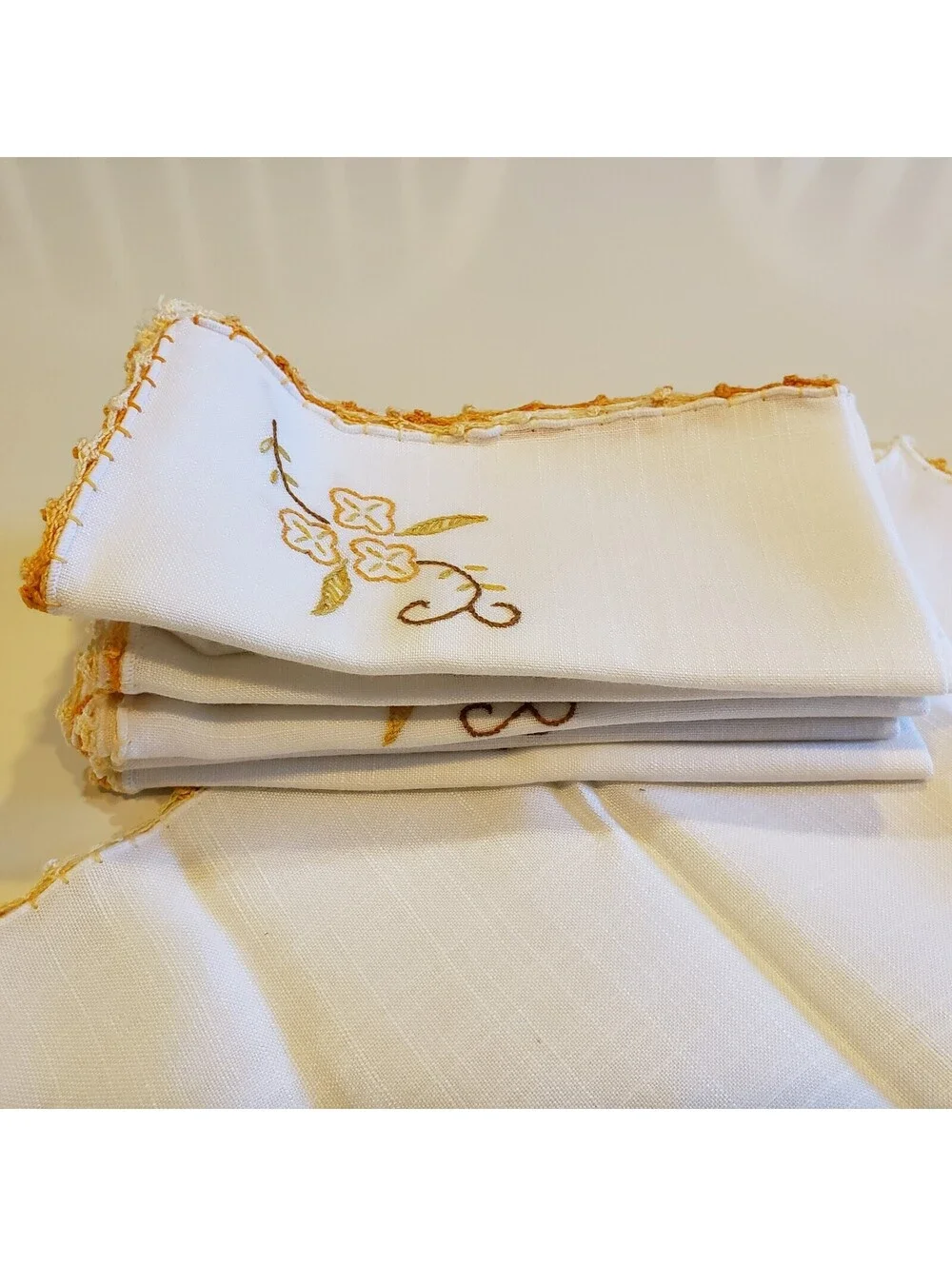 Vintage Linen Napkins Crocheted Embroidered QTY 8 Orange Trim Floral